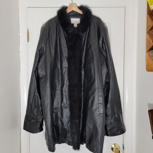 Roaman's Plus Size 32W Black Genuine Leather‎ Coat Faux Fur Trim EUC Mob Wife